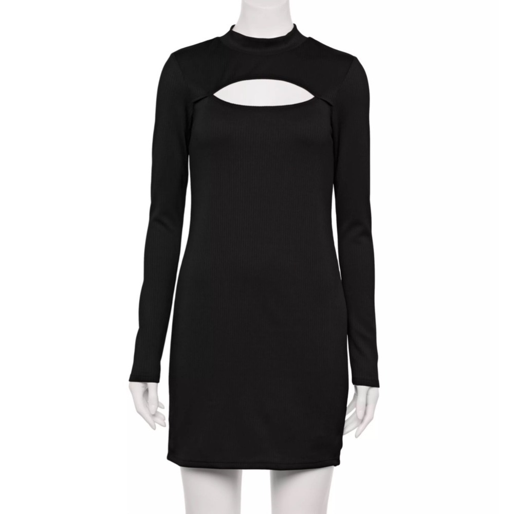 Rewind Womens Black Ribbed Long Sleeve Mock Neck Keyhole Cutout Dress 2X NWT